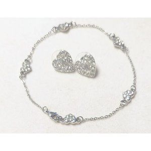 Silver Tone Rhinestone Pair Of Heart Post Earrings And Bracelet Set